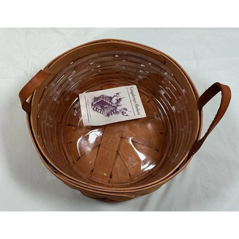 Longaberger Round Darning Basket Leather Handles Plastic Protector Signed 1995